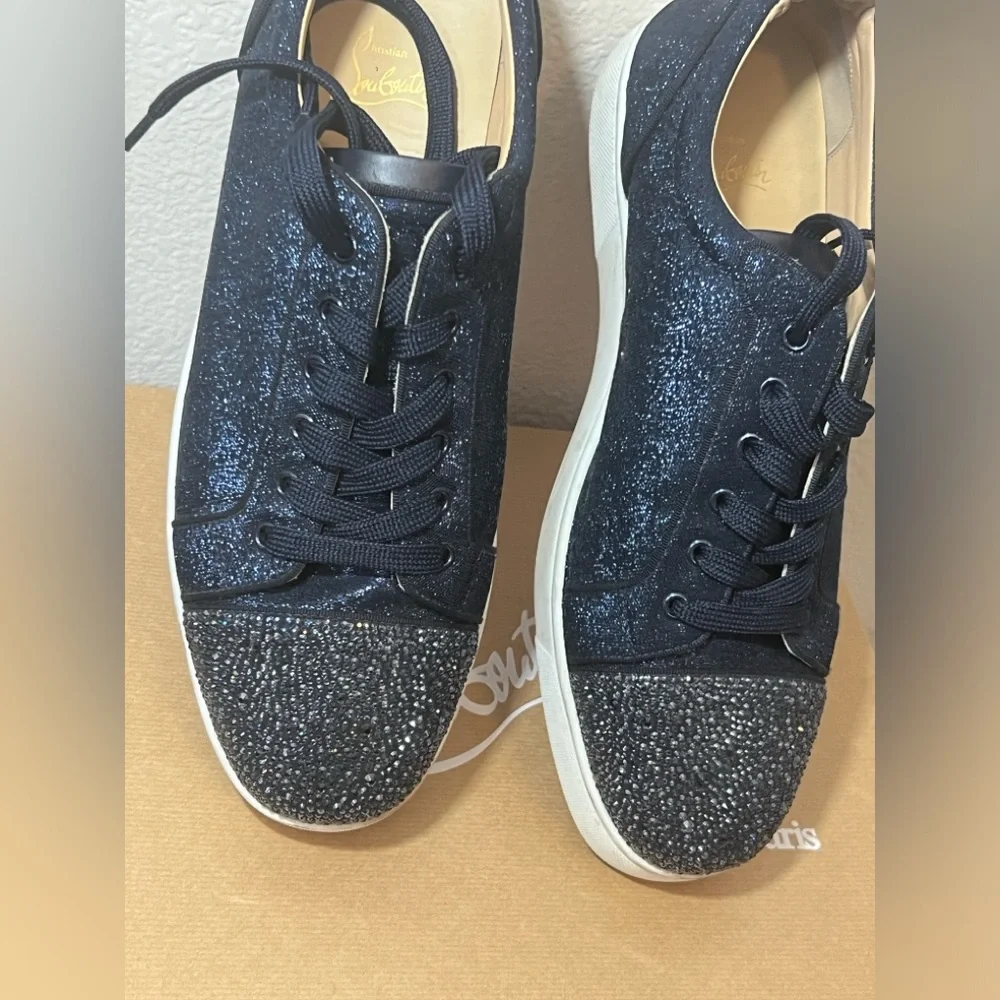 ❌SOLD❌ Christian Louboutin Navy Louis Junior Crystals Low-Top Sneakers SZ 47EU - Picture 6 of 12